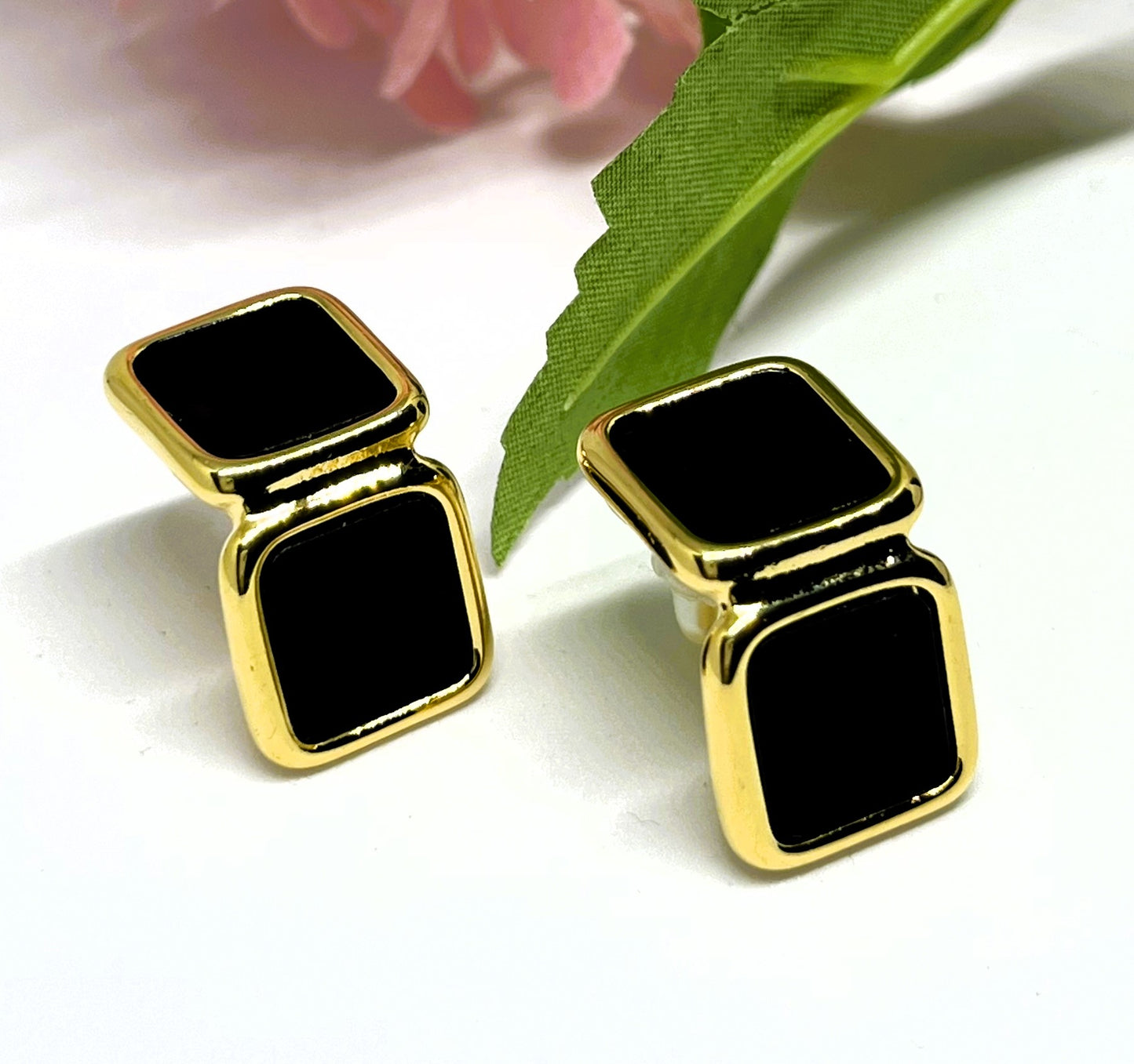Black and Gold Enamel Square Earrings