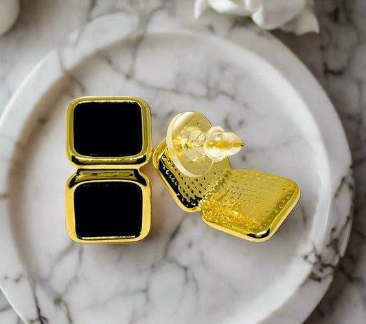 Black and Gold Enamel Square Earrings